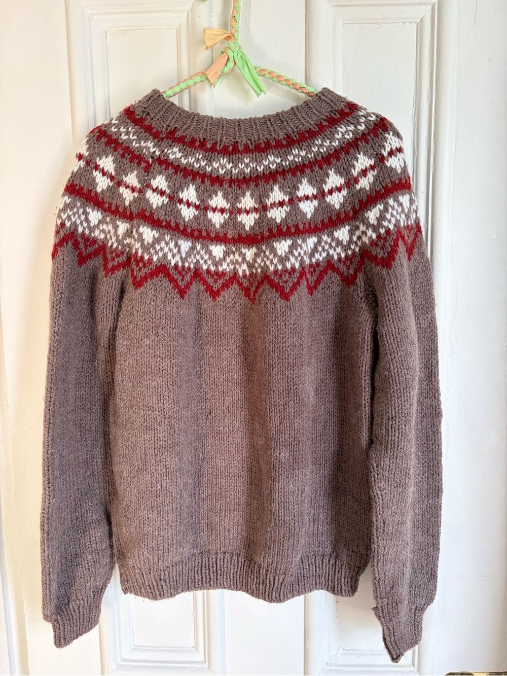 Hand Knit Vintage Icelandic Style Sweater - Brown, White & Red